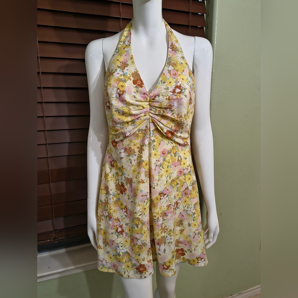 Astr Yellow Floral One-Shoulder Halter Dress